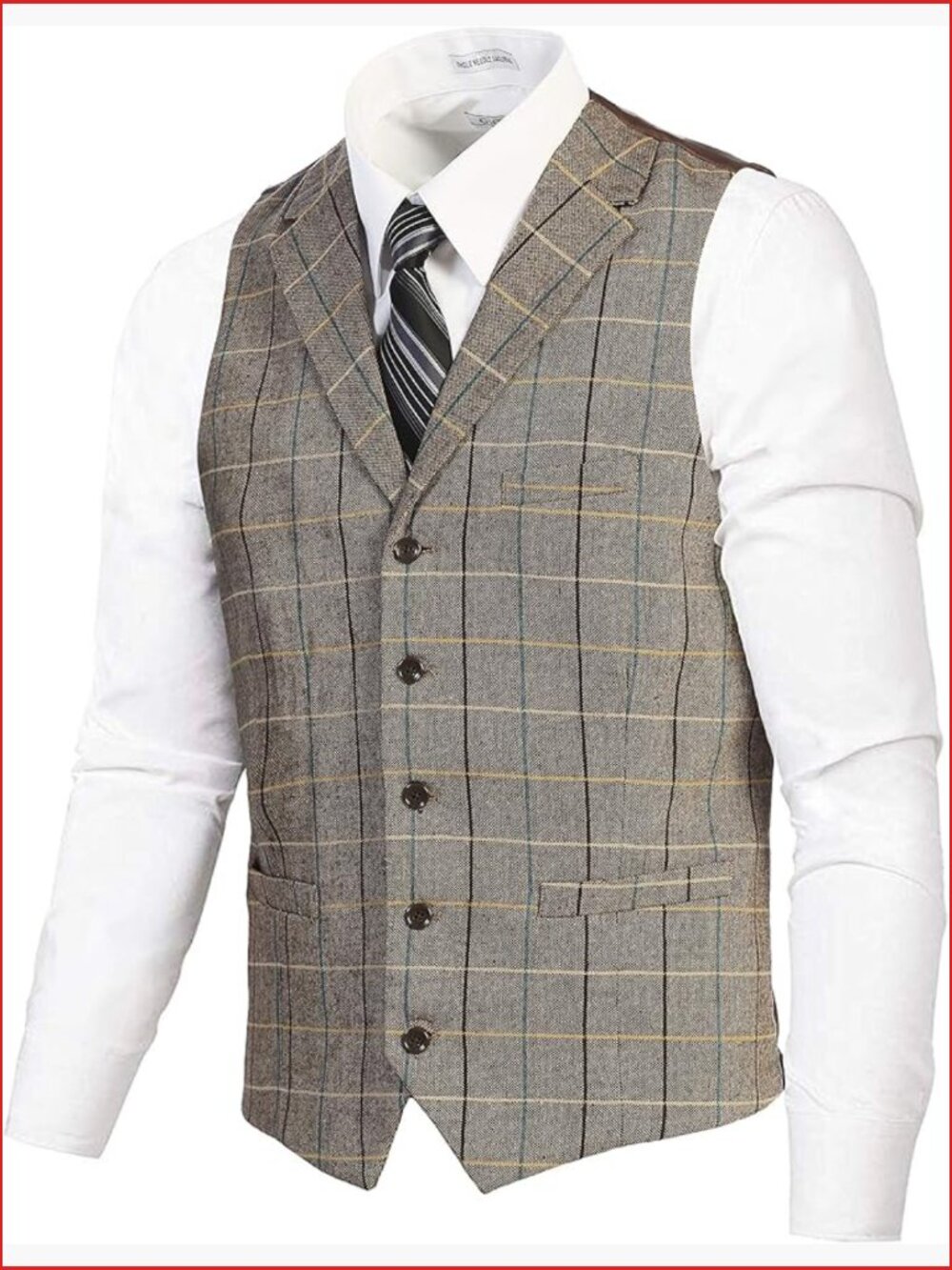 5 Button Tailored Collar Herringbone Tweed Suit Vest with Real Pockets